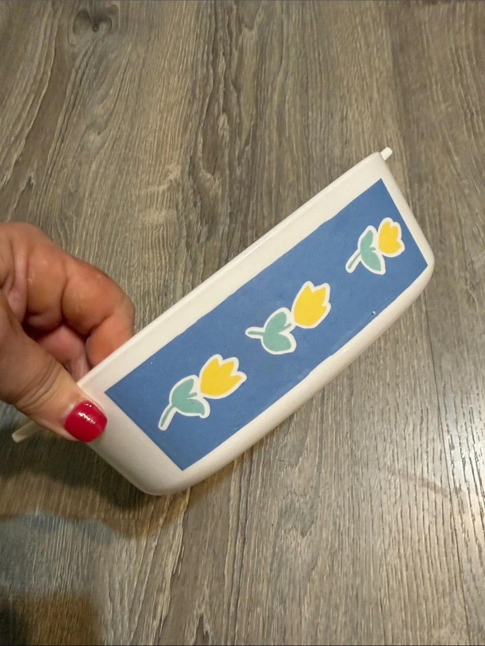 Corningware Primavera Baking Dish with Blue  Border & Yellow Tulip Accents Vtg